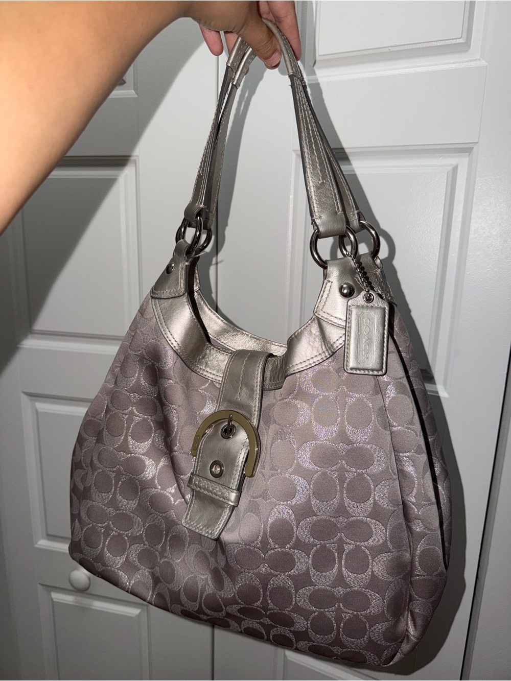 Coach Metallic silver and Lilac Signature Shoulder Bag
